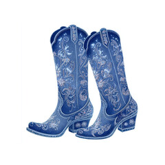 Pair of Blue Denim Cowboy Boots with Floral Embroidery and Rhinestone Detail
