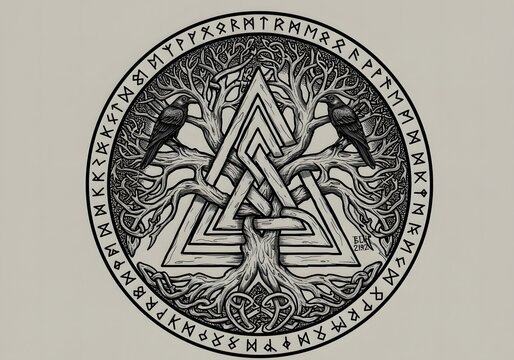 Norse Yggdrasil with Valknut and ravens