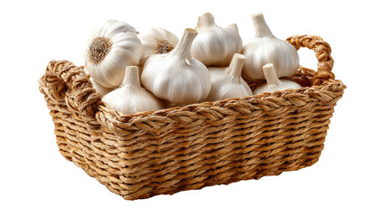 Garlic Harvest: A rustic basket overflowing with fresh, white garlic bulbs, capturing the essence of a bountiful harvest. 