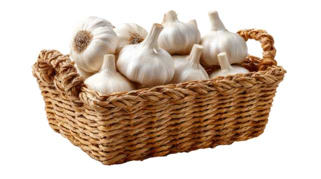 Garlic Harvest: A rustic basket overflowing with fresh, white garlic bulbs, capturing the essence of a bountiful harvest. 