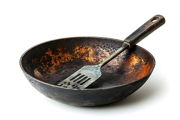 Used Frying Pan with Spatula Inside, Black and Orange, Cooking Wear, White Background