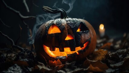 Fototapeta premium Smoldering Jack-o'-Lantern with a Charred Grin Glowing in the Spooky Night