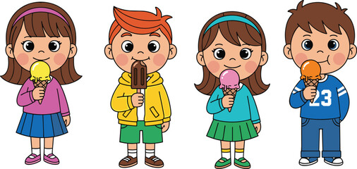 Four adorable diverse kids, two boys and two girls, happily enjoying a delicious ice cream cone on a vibrant summer day, capturing childhood joy.