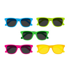 Vector art of collection of five colorful sunglasses isolated on white background, representing summer fashion and eye protection