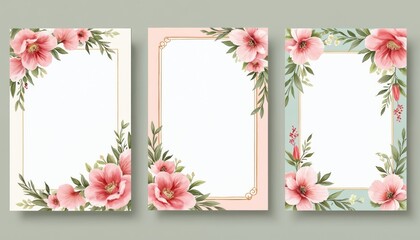 Set of three pastel floral border designs featuring pink flowers, green leaves on cream, blush pink, mint green backgrounds. Delicate hand-drawn frames for wedding invitations, greeting cards, event