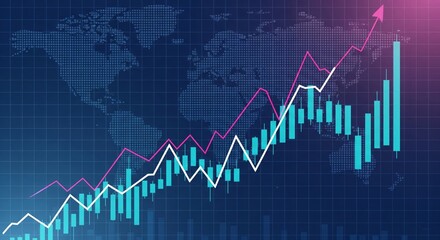 Neon Cyan Candlesticks with White & Magenta Trend Lines on Blue&ndash;Purple Fintech Background