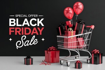 Black friday sale banner showing metal cart loaded with wrapped presents in elegant black, gold, and red colors, with shiny balloons on vibrant background for e-commerce and seasonal shopping campaign