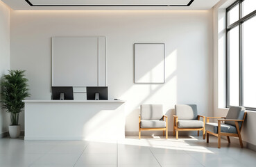 Modern minimalist medical office waiting area features clean, bright, comfortable seating. Reception desk with computers, large window with natural light creates pro, peaceful atmosphere for patients.