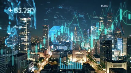 Dynamic Financial Stock Market Data Animating Over a Futuristic Cityscape at Night - Powered by Adobe