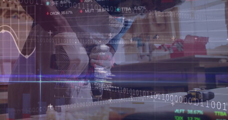 Operating masked craftsman using cordless drill on wooden plank at bench, with digital overlays