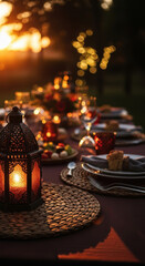 Warm glow from an ornate moroccan lantern illuminates a beautifully set outdoor dining table at dusk isolated on transparent background