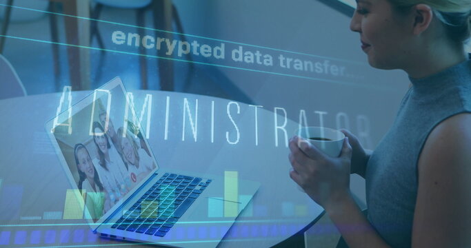 Holding female host viewing family call on laptop at dining table, with secure overlay, copy space