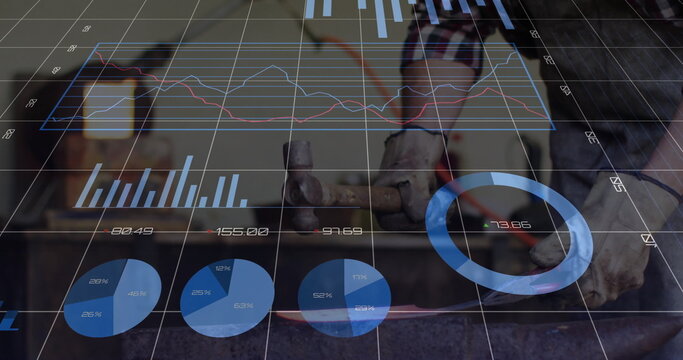 Hammering metalworker forging red-hot workpiece at workshop anvil, with digital data overlays - Powered by Adobe