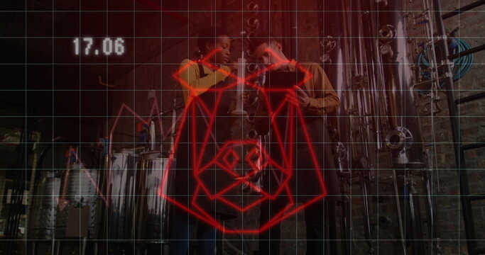 Examining fluid sample techs testing brewery tanks and pipes control area with holographic overlay