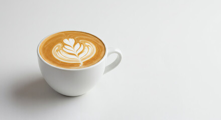 A fresh cup of hot cappuccino or latte with beautiful rosetta latte art in a white mug on a clean white background, perfect for a morning coffee break