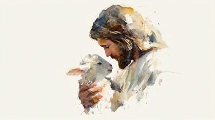 Gentle watercolor painting of Jesus Christ tenderly holding a baby lamb, symbolizing love, protection, and faith, perfect for Christian artwork, worship materials, and inspirational designs