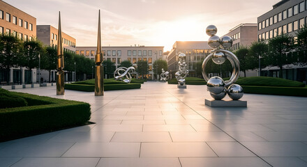 A minimalist city square with smooth granite pavement, neatly trimmed hedges, and artistic sculptures under warm sunlight