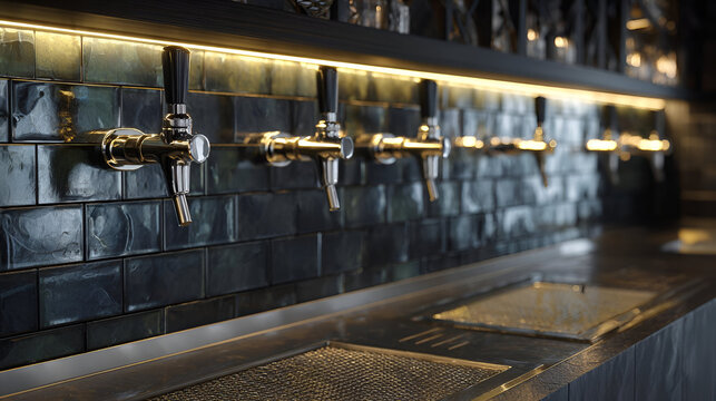 Dark Modern Bar with Metal Beer Taps and Dark Tile Backsplash