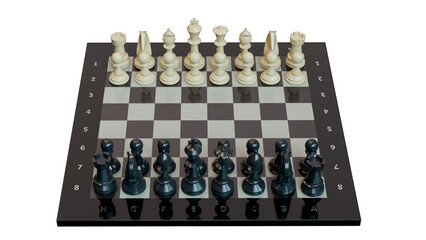 Classic chess set ready for a new game on a board with coordinates. 3D Render.