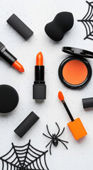 Collection of halloween themed makeup products including lipstick eyeshadow and brushes arranged on a white surface isolated on transparent background