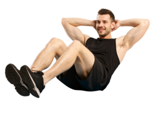  Front View of Fit Man Performing Bicycle Crunch on Fitness Mat Wearing Black Athletic Clothes Isolated on Transparent Background PNG