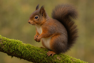 Obraz premium Red squirrel perched on a mossy branch in a forest