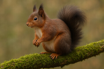 Fototapeta premium Red squirrel perched on a moss covered branch in a forest