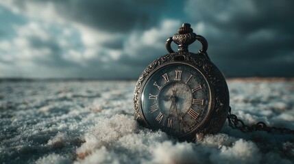 Antique pocket watch rests on a snowy expanse, dramatic sky overhead