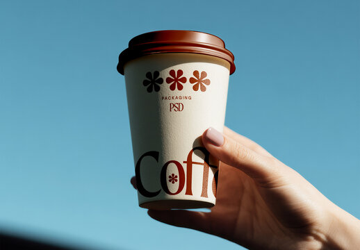 Hand Holding Coffee Cup Mockup with Blue Sky