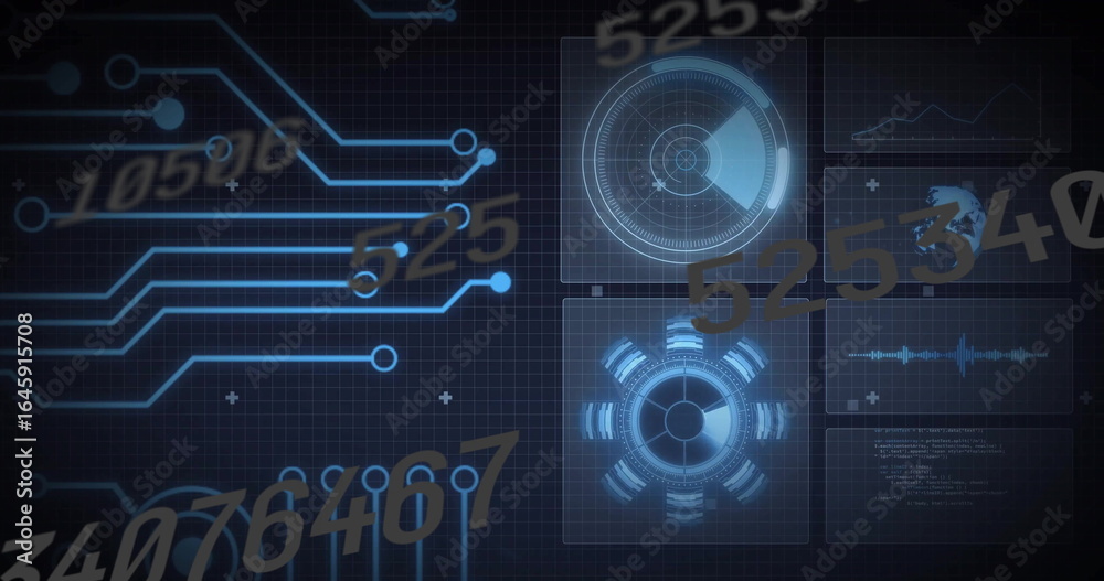 Wall mural displaying four hud panels on grid with glowing traces and gold numeric overlays, copy space