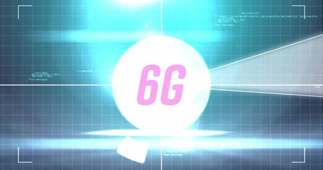 Radiating light beams, white orb bearing 6G hovering on grid overlay, with lens flare and crosshair