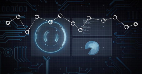 Showing interface overlaying dark blue circuit grid, with glowing circular gauge and data panels