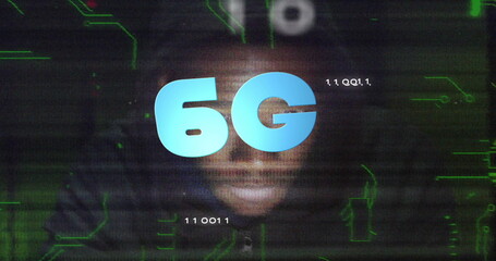 Glitching stylized human face revealing features in digital interface with 6G logo and binary code