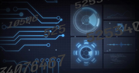 Displaying four HUD panels on grid with glowing traces and gold numeric overlays, copy space