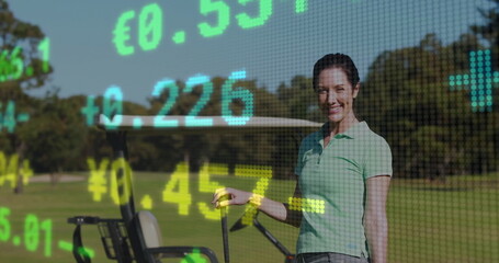 Standing golfer holding golf club beside golf cart on fairway, showing ticker overlay, copy space