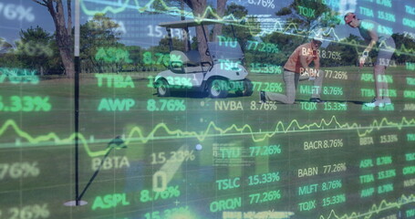 Competing three golfers lining up putt on putting green, with flagstick and stock ticker overlay
