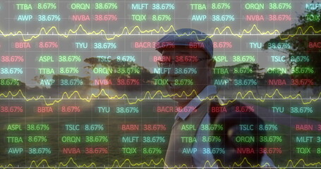 Standing golfer wearing baseball cap carrying golf bag on fairway with ticker overlay, copy space