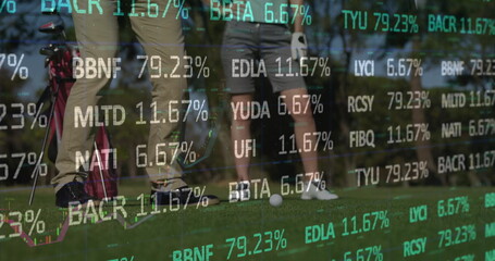 Aligning adult golfers putting golf ball and putter on putting green, with stock ticker overlay