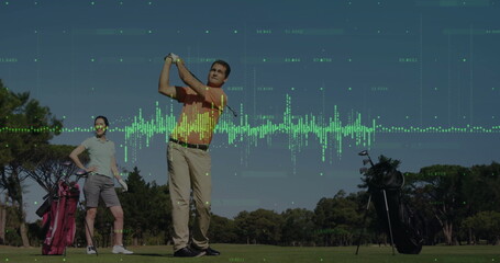 Mature couple swinging club at ball on fairway, with audio waveform overlay and two golf bags