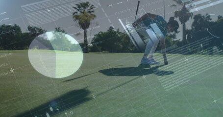 Bending woman in golf attire picking up golf ball on green, with chart overlay, copy space