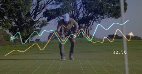 Bending male golfer placing golf ball near flagstick on putting green, with digital metrics overlay