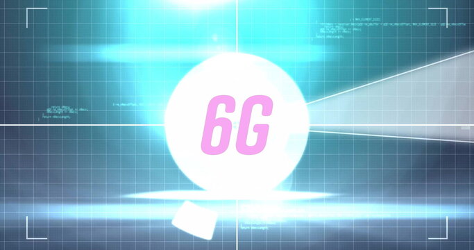 Radiating light beams, white orb bearing 6G hovering on grid overlay, with lens flare and crosshair