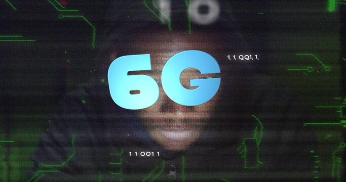 Glitching stylized human face revealing features in digital interface with 6G logo and binary code