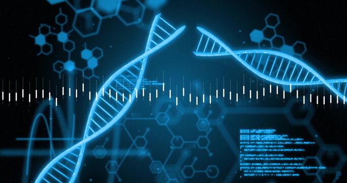 Glowing blue DNA double helix crossing interface, with waveform line, hex diagrams and code panel