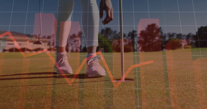 Mature female golfer positioning putter behind golf ball in putting green, with data overlay