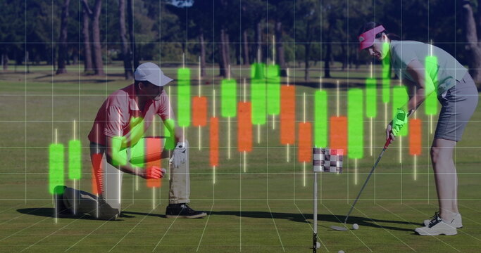 Putting golfers wearing polo shirts lining up putt with putter on green, with candlestick chart