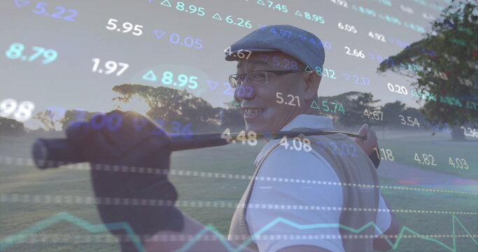 Smiling Chinese golfer holding golf club over shoulder at golf fairway, with financial data overlay