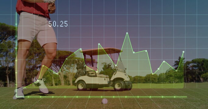 Golfer in golf attire holding smartphone beside golf cart on fairway, showing overlay, copy space - Powered by Adobe
