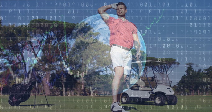 Golfer in red polo shielding eyes and scanning fairway, with golf club, bag, cart, digital overlays