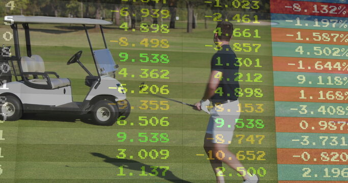 Standing golfer wearing golf attire, holding golf club on fairway, with white golf cart, copy space